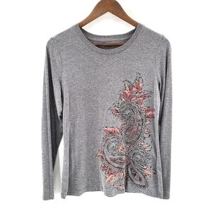 Womens Paisley Print Long Sleeve T-Shirt‎ Small Gray Cotton Blend Crew Neck